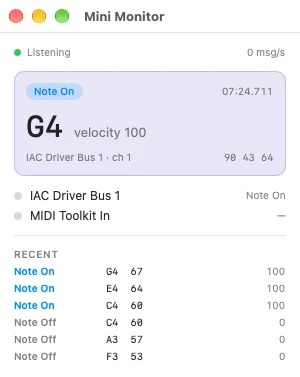 The floating Mini Monitor showing a G4 Note On at velocity 100 and a list of recent messages.