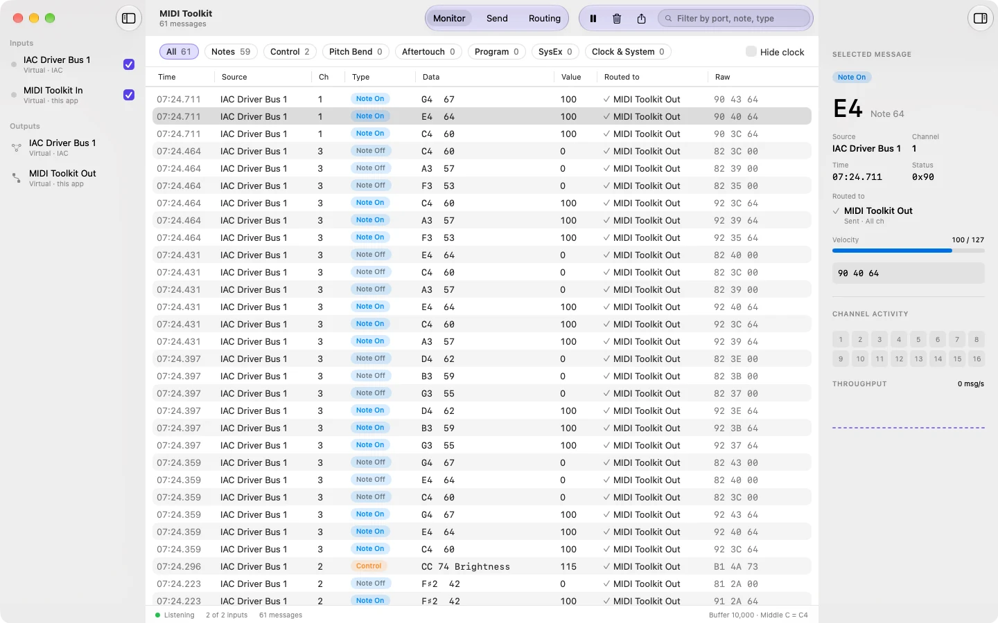 MIDI Toolkit's Monitor screen: a log of Note On, Note Off and Control Change messages from IAC Driver Bus 1, each routed to MIDI Toolkit Out, with one E4 Note On selected and decoded in the inspector.