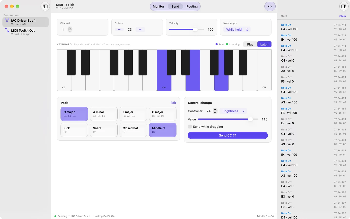 The Send screen with a C major chord latched on the on-screen keyboard, chord pads, a Control Change card and a log of sent messages.